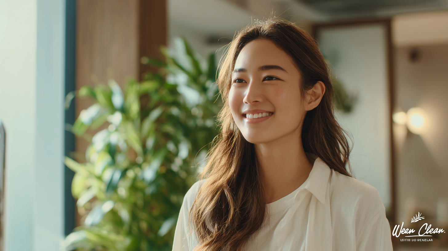 明るく清潔感のある歯科医院で、鏡を見て微笑む女性。札幌でのマウスピース矯正を通じた安心感のイメージ。
