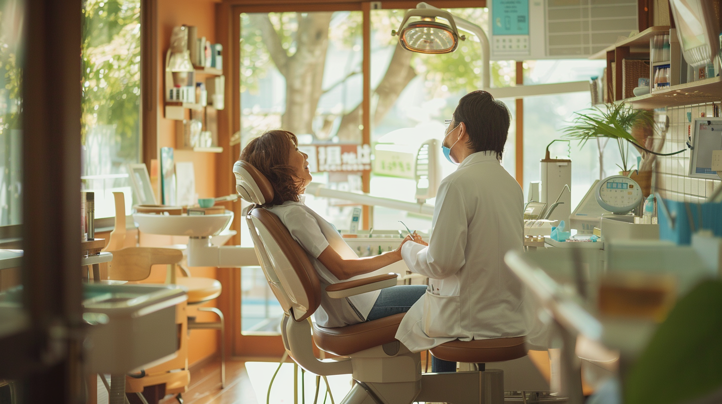 札幌の歯科医院で、歯科医師と患者様が落ち着いて小児矯正や大人の矯正について相談している様子
