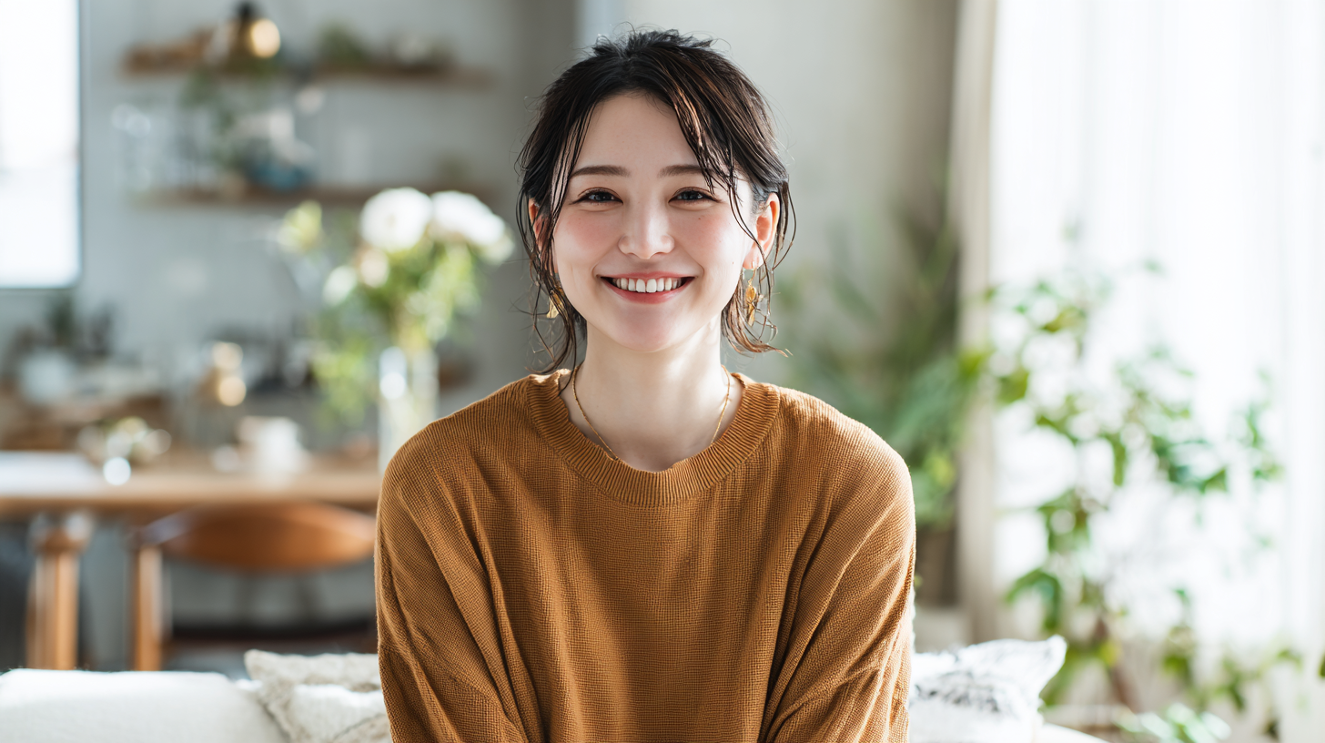 札幌で矯正を検討中の方へ。明るい日差しの中で自然に微笑む女性。安心と信頼の歯科相談。