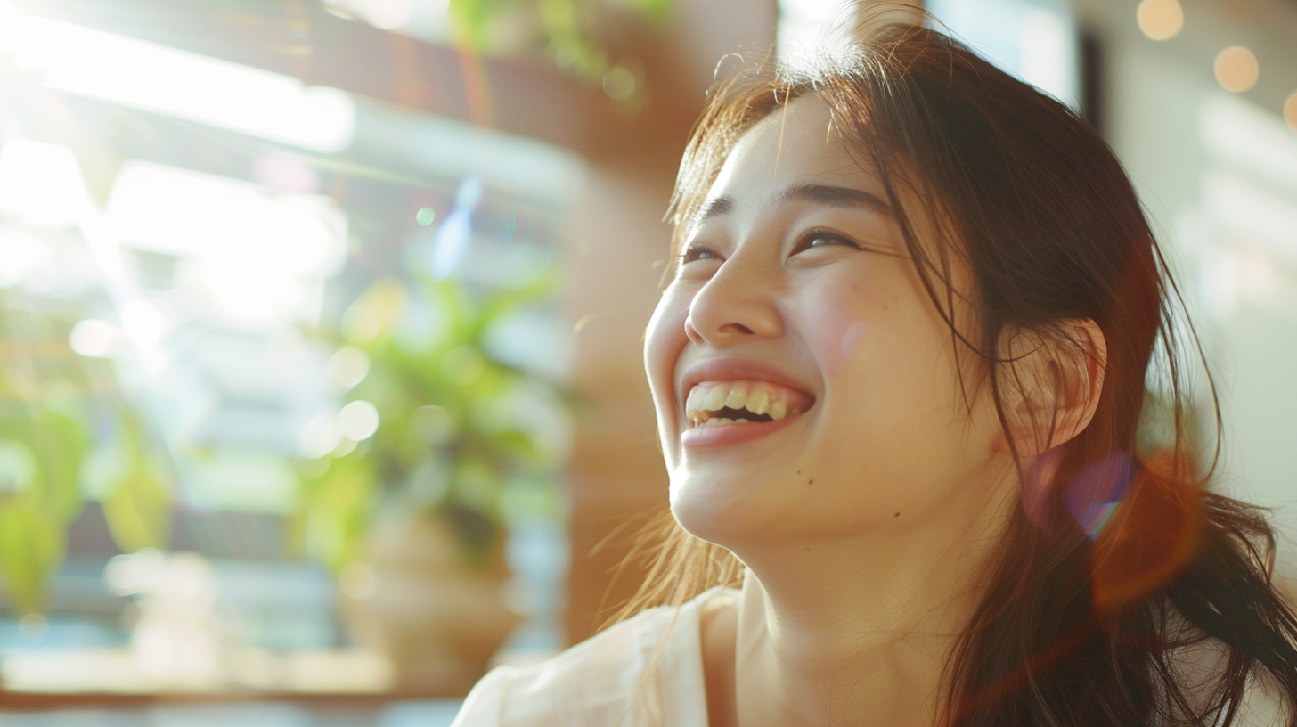 明るい日差しの中で自然に微笑む女性。札幌・北広島でのマウスピース矯正を通じた安心感と自信を表現。